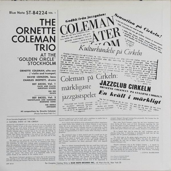 The Ornette Coleman Trio - At The "Golden Circle" Stockholm (Volume One) = ゴールデン・サークルのオーネット・コールマン(第1集)