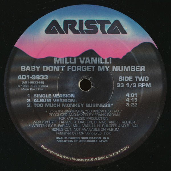 Milli Vanilli - Baby Don't Forget My Number