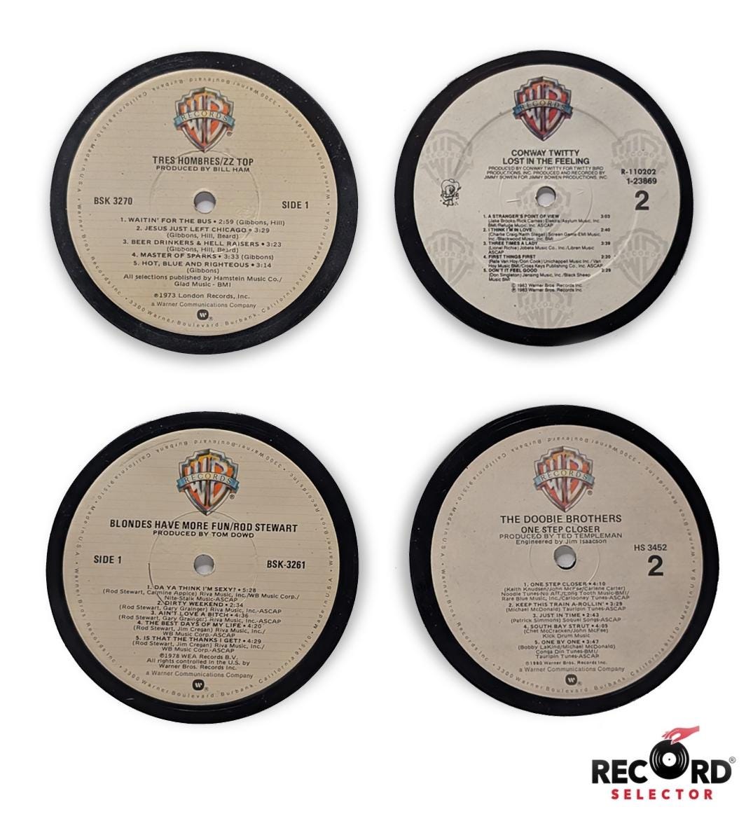 Vinyl Coaster 4-Pack - WB Set - ZZ Top, Doobie Brothers, Conway Twitty, Rod Stewart