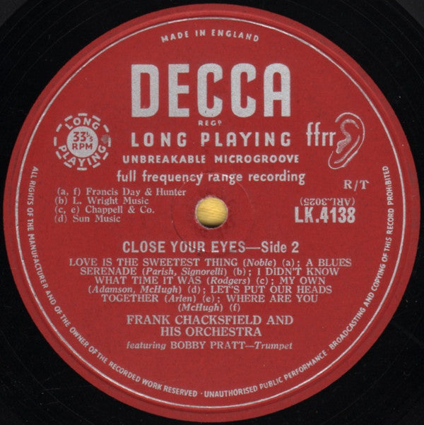 Frank Chacksfield & His Orchestra Featuring Bobby Pratt - Close Your Eyes