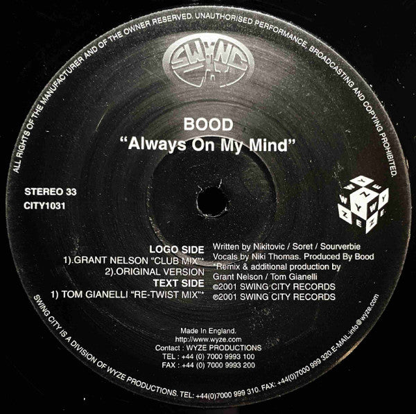 Bood - Always On My Mind (Remixes By Grant Nelson + Tom Gianelli)