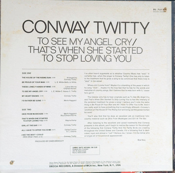 Conway Twitty - To See My Angel Cry / That's When She Started To Stop Loving You