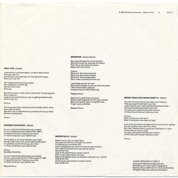 Yazoo - Upstairs At Eric's
