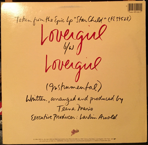 Teena Marie - Lovergirl B/W Lovergirl (Instrumental) (Special 12" Dance Mix) (Remixed Version)
