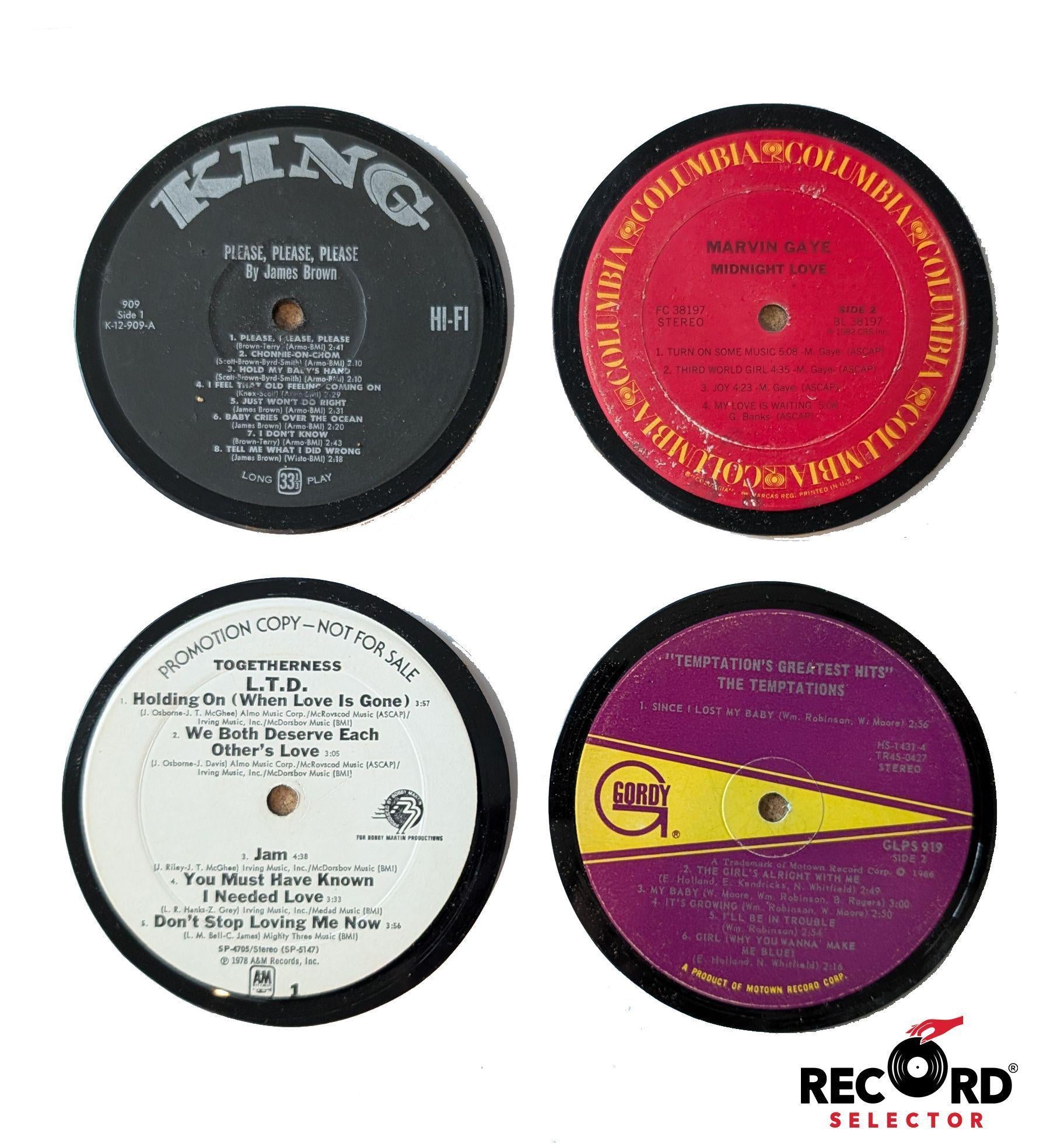 Vinyl Coaster 4-Pack: James Brown, Marvin Gaye, Temptations, L.T.D.