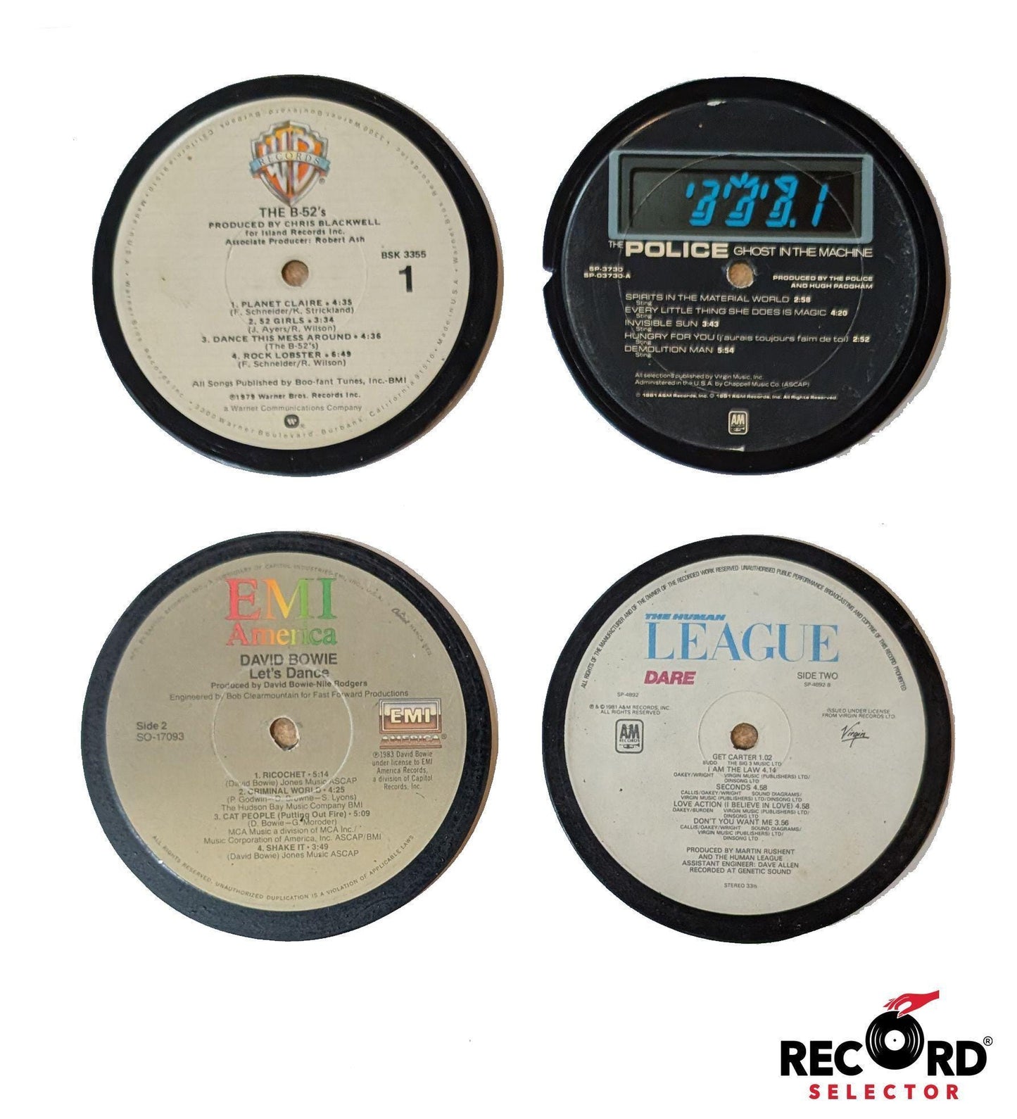 Vinyl Coaster 4-Pack: David Bowie, Police, Human League, B-52's