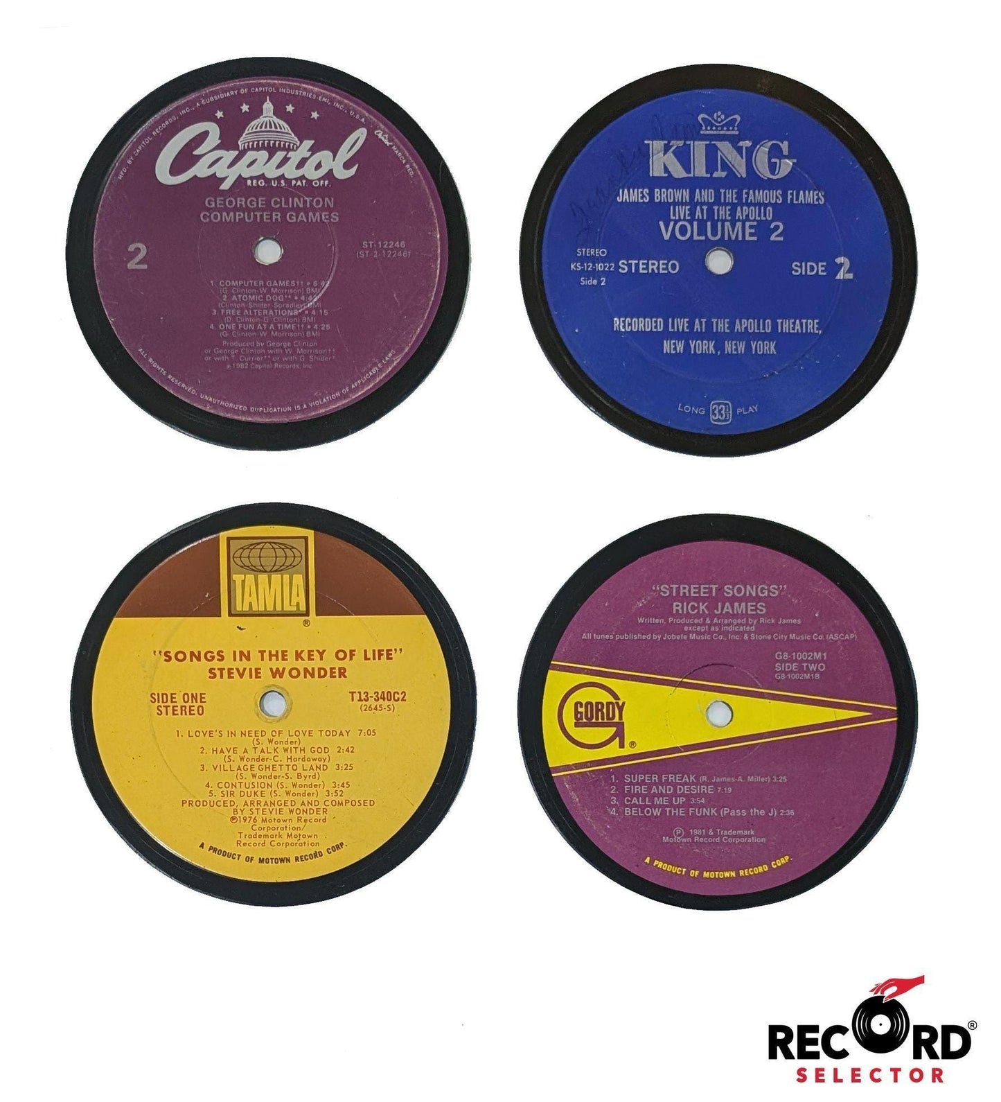 Vinyl Coaster 4-Pack: George Clinton, James Brown, Stevie Wonder, Rick James