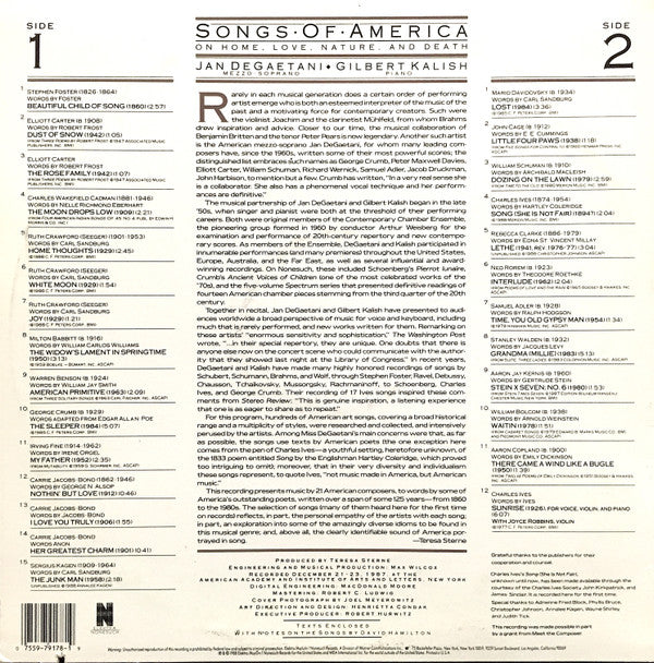 Jan DeGaetani ; Gilbert Kalish - Songs Of America: On Home, Love, Nature, And Death