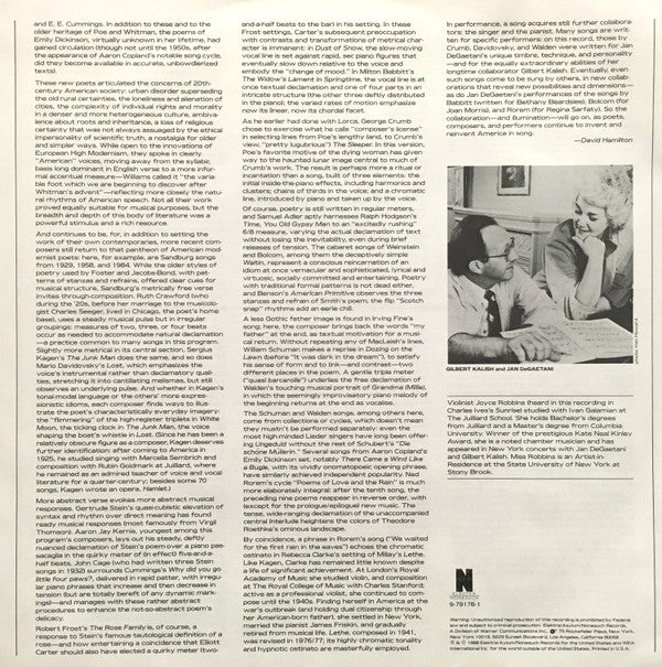 Jan DeGaetani ; Gilbert Kalish - Songs Of America: On Home, Love, Nature, And Death