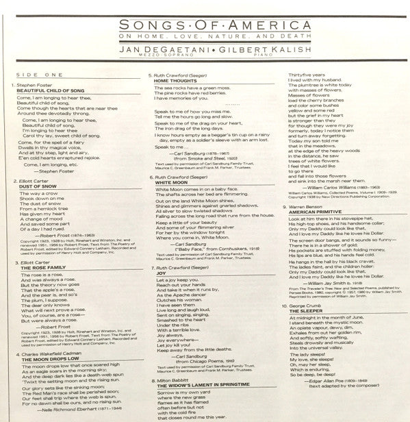Jan DeGaetani ; Gilbert Kalish - Songs Of America: On Home, Love, Nature, And Death
